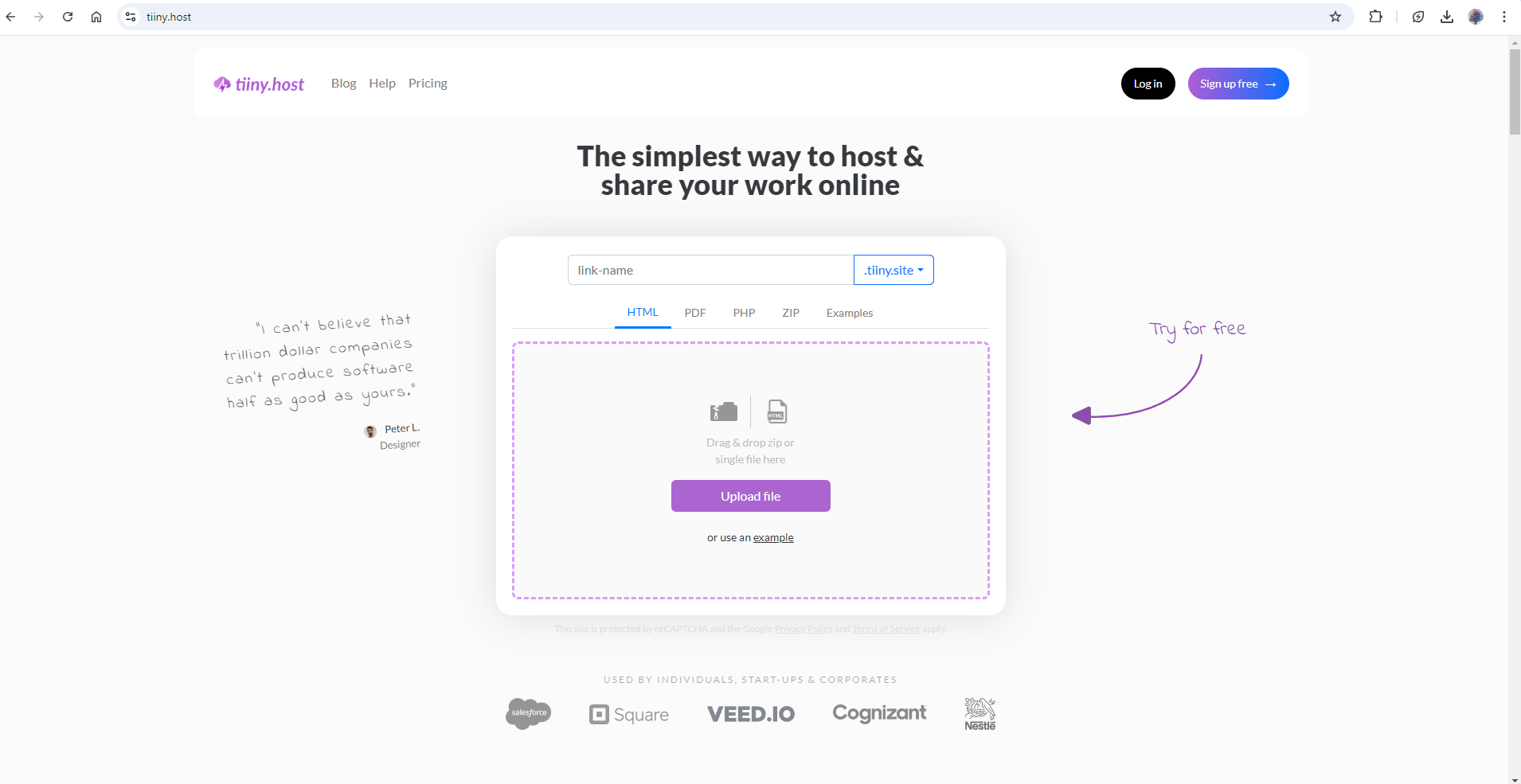 Tiiny Host's homepage, an interface that allows you to host any files.