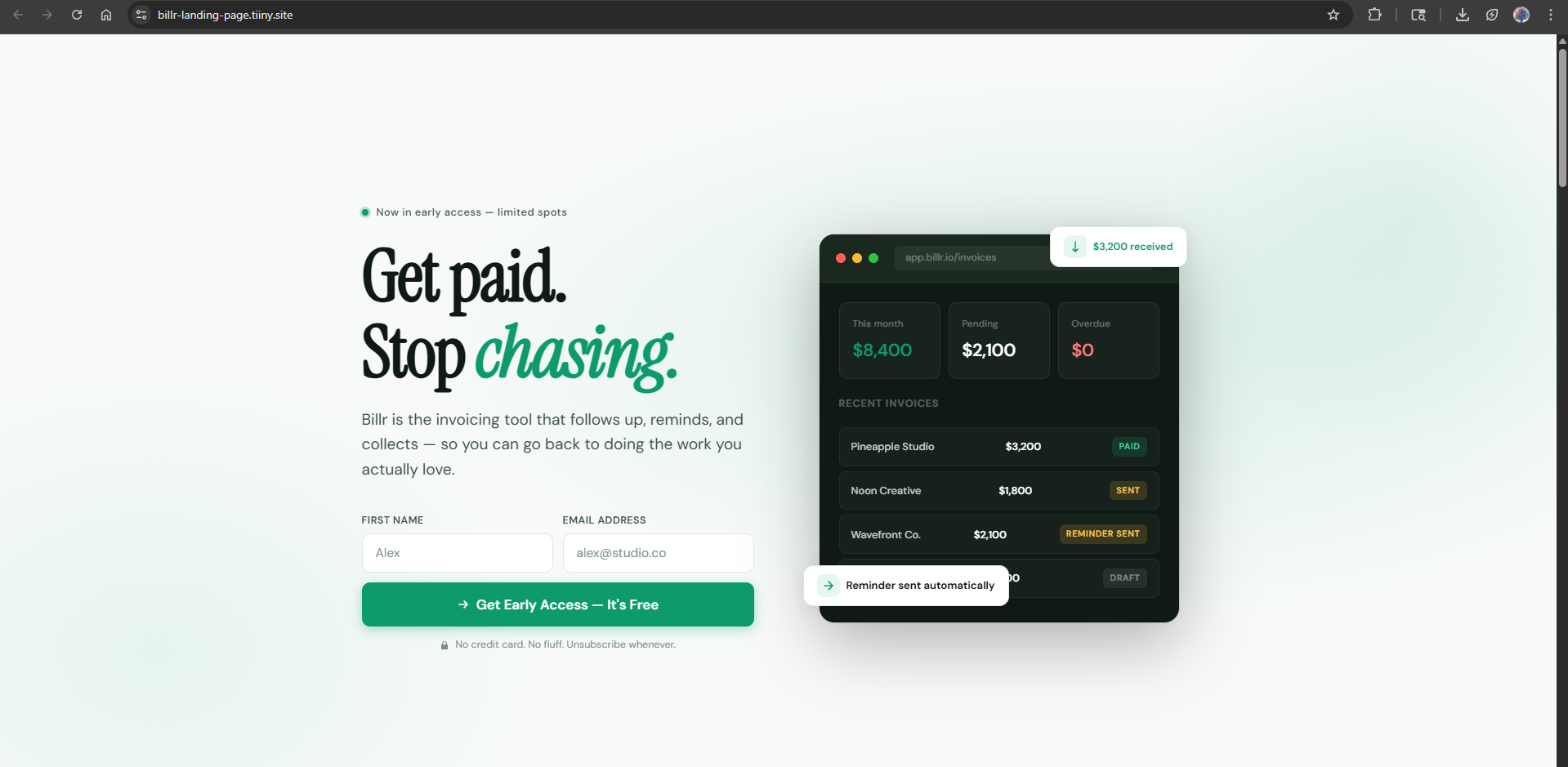 Host Landing Pages Instantly Tiiny Host published landing page live preview showing "Get paid. Stop chasing." with a shareable URL