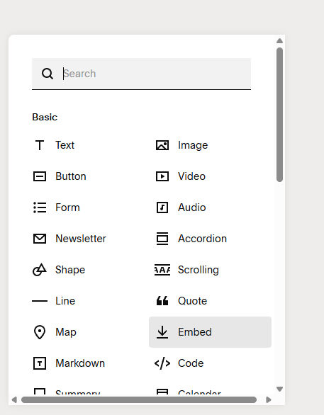 Embed option in one of many options in type of block on squarespace