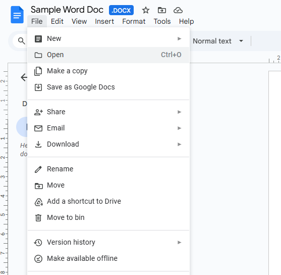 Select on File and Open to upload new Word doc to Google Docs