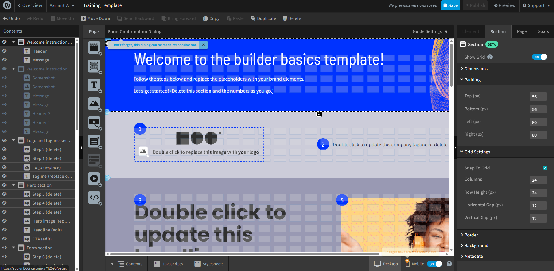 Unbounce Landing Page Builder – Drag-and-Drop Editor with Smart Builder Templates Unbounce drag-and-drop landing page builder editor with a template and sidebar settings panel