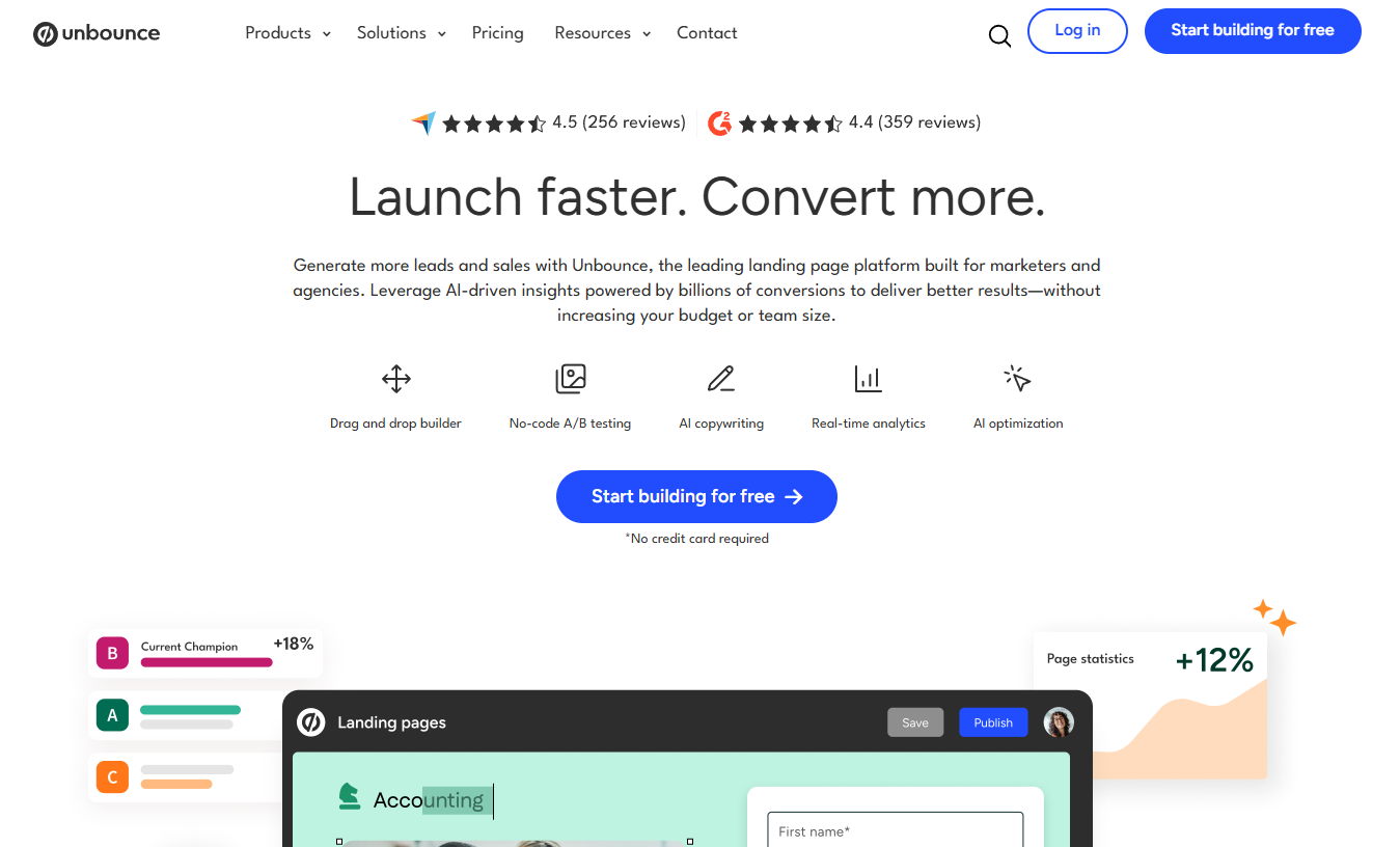 Unbounce Landing Page Builder Unbounce homepage with tagline "Launch faster. Convert more." and landing page builder features