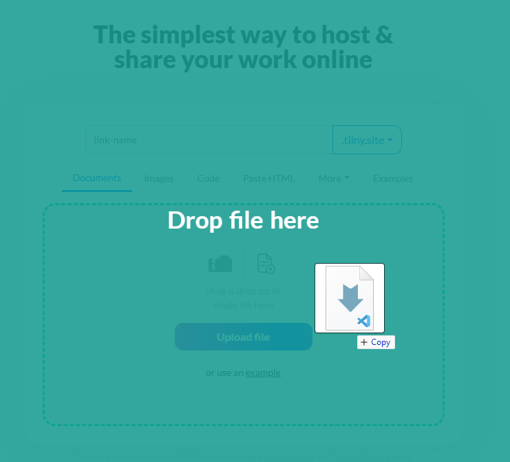 Dragging and dropping an .md file into the Tiiny.host upload box for instant web publishing.