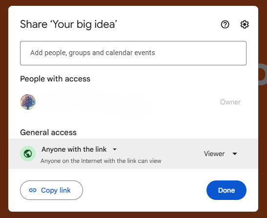 Access management on Google Slides for controlling the sharing options.