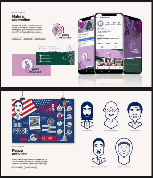 Victoria's portfolio showcasing the quality of visuals used as well as the type of fonts used for Heading and then description.