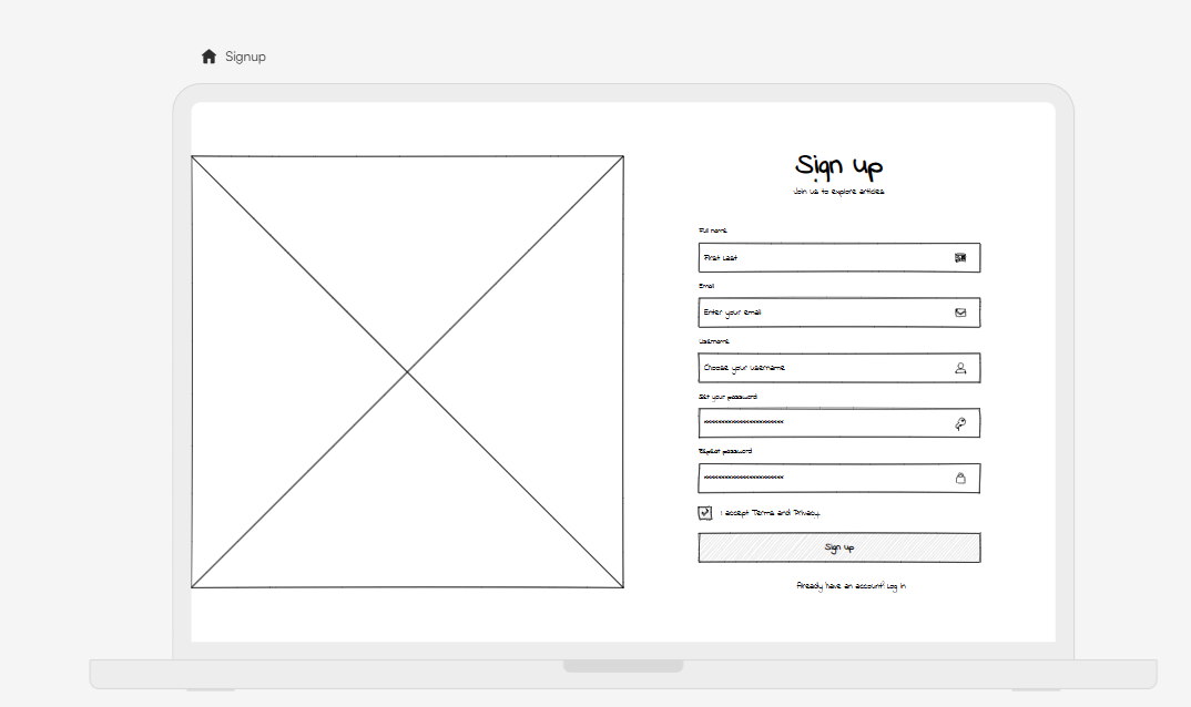 A sample wireframe of a signup page depiciting basic signup details and a space for image