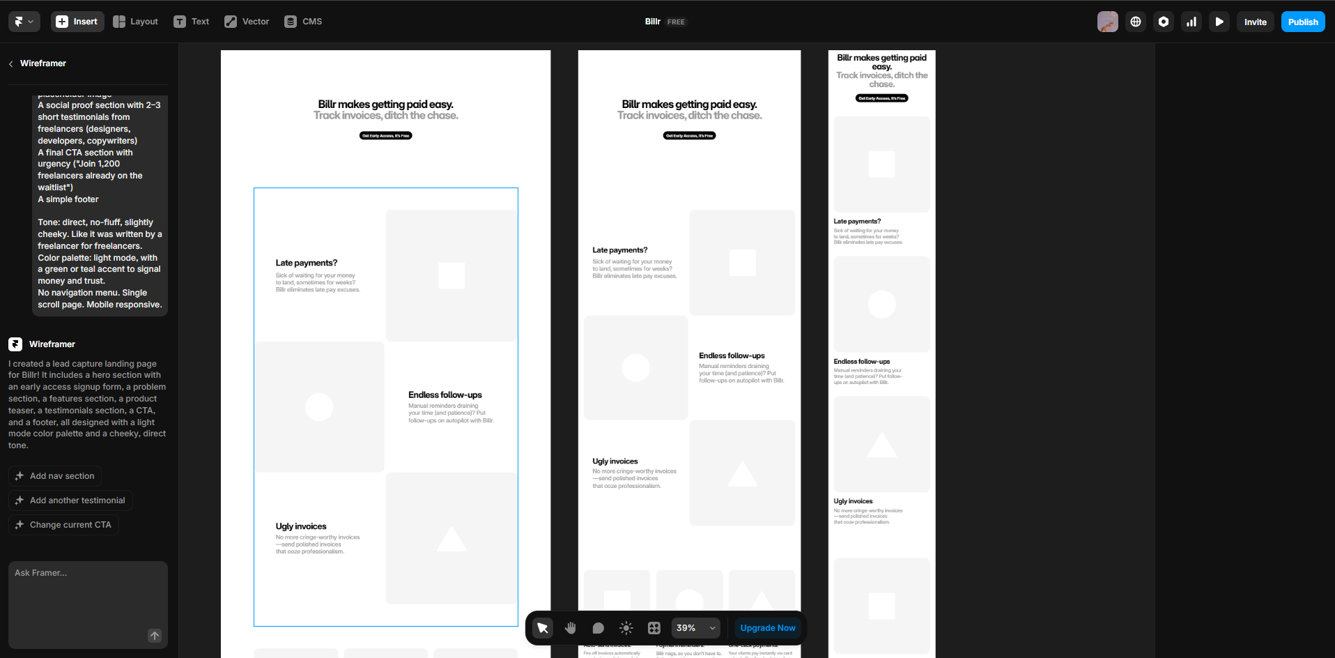 Framer Wireframer – AI-Generated Wireframe Templates for Landing Pages Framer Wireframer showing multiple wireframe layout options for a landing page design