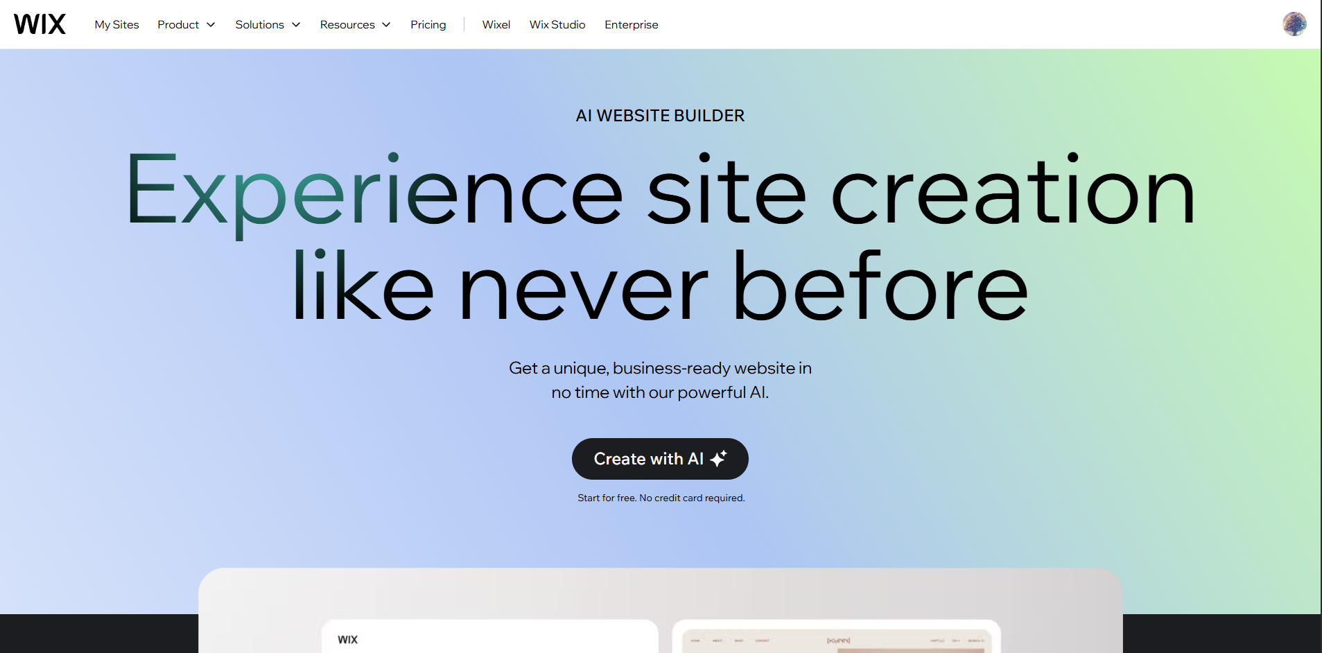 Wix AI Website Builder Wix AI website builder homepage with tagline "Experience site creation like never before"