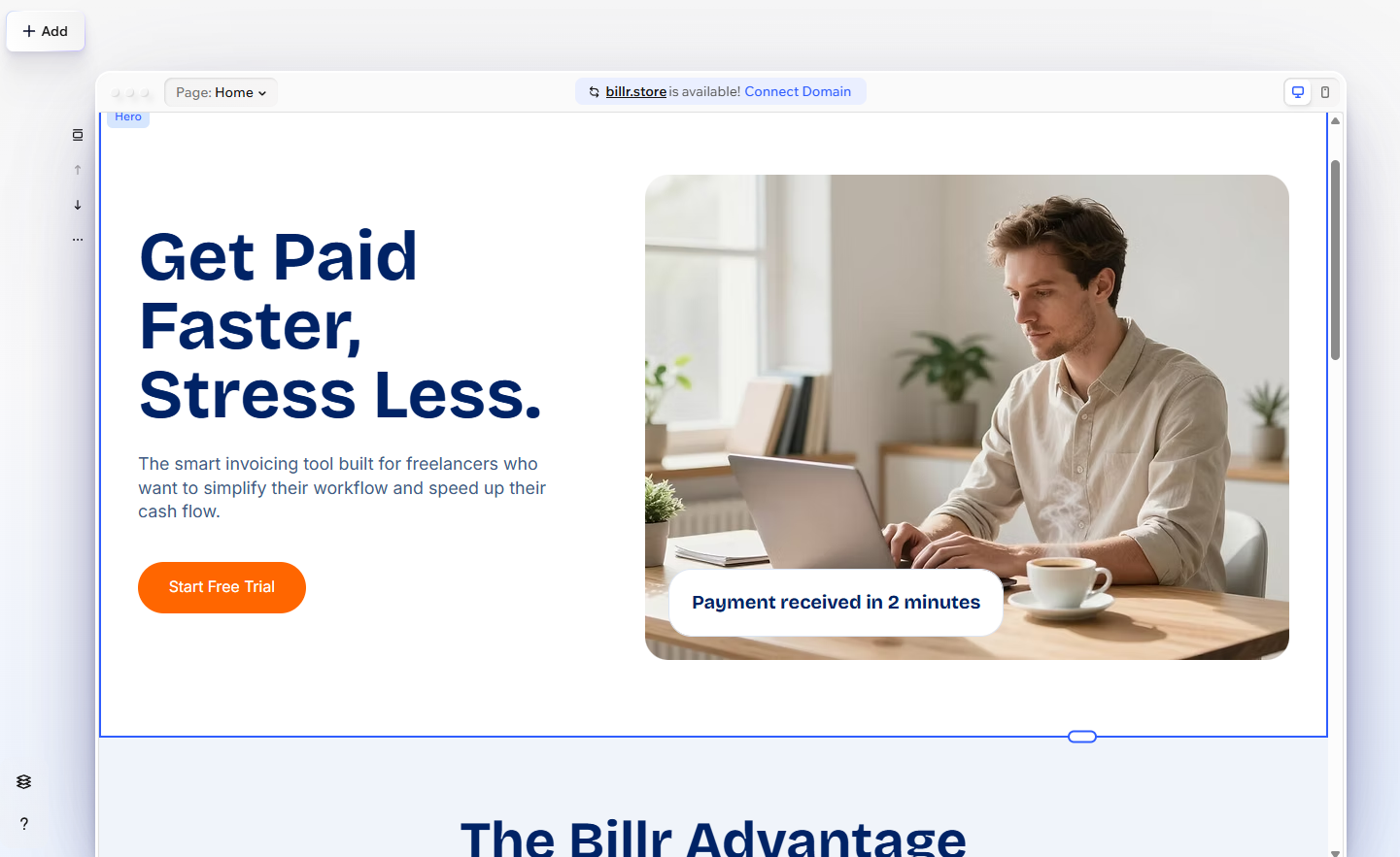 Wix AI Output – Example AI-Generated Landing Page Wix AI-generated landing page for Billr invoicing tool with headline "Get Paid Faster, Stress Less"