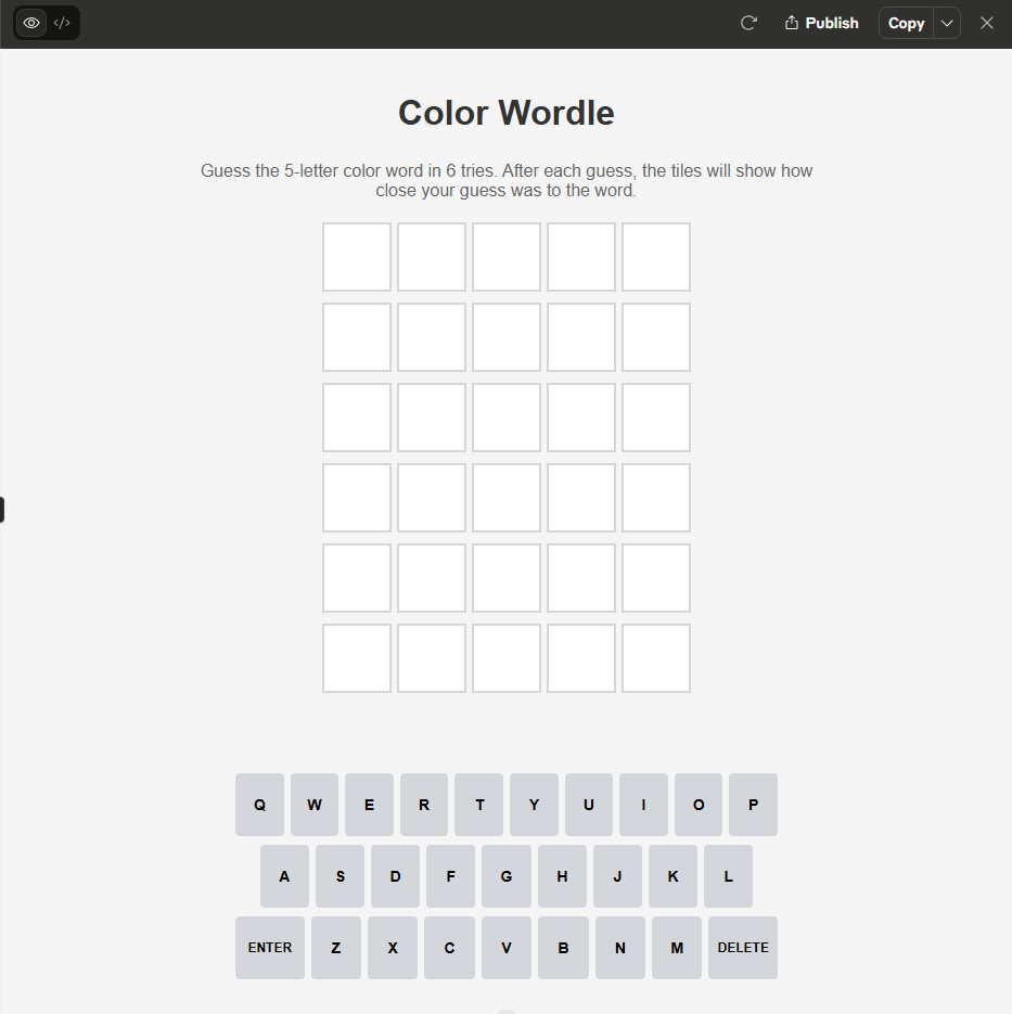 Output for customized wordle game created using Claude AI