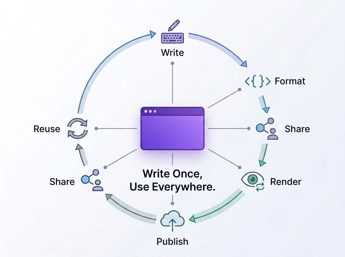 Benefits of Using .md Files Markdown lifecycle: Write, Format, Share, Render, Publish, and Reuse content workflow.